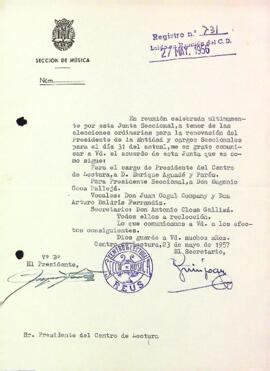 Carta de la Secció de Música al president del Centre de Lectura