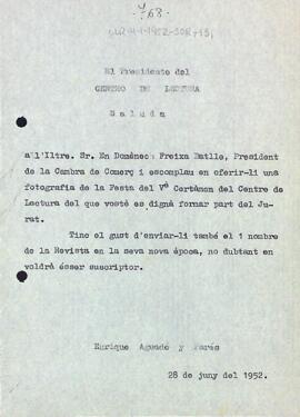 Carta d'Enric Aguadé Parés a Domènech Freixa Batlle