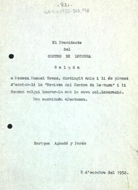 Carta d'Enric Aguadé Parés a Manuel Trens