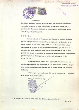 Carta del president del Centre a l'alcalde de Reus sol·licitant una rebaixa en els rebuts de l'aigua