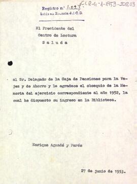 Carta d'agraïment del president al delegat de la Caixa de Pensions
