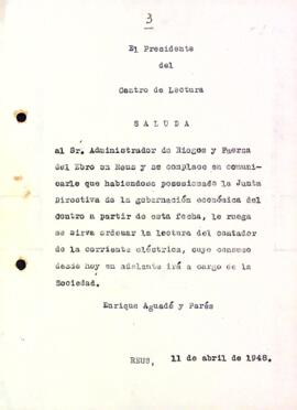 Carta del president del Centre de Lectura a Riegos y Fuerza del Ebro en Reus