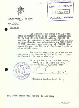 Carta de l'Ajuntament de Reus al president del Centre de lectura anunciant una nova subvenció