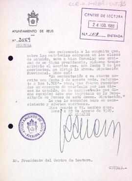 Carta de l'alcalde de Reus al president del Centre de Lectura