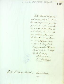 Agraïment de la junta de govern a Joaquim Cases-Carbó pel donatiu de cinc obres destinades a la biblioteca de l'entitat