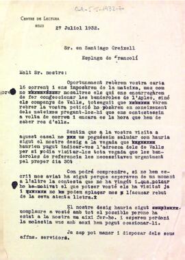 Carta de la Secció Excursionista a Santiago Creixell