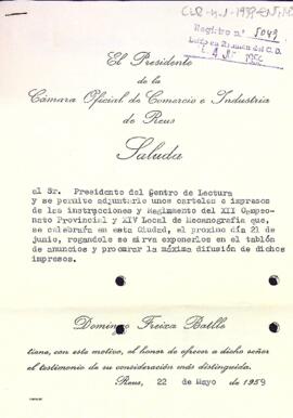 Carta de la Cambra Oficial de Comerç de Reus al Centre de Lectura
