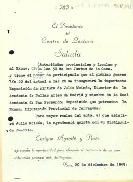 Invitació del president a la inauguració de l'exposició de pintura de Juli Moisès