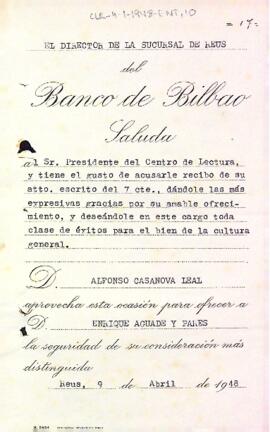 Carta del Banco de Bilbao a Reus al president del Centre de Lectura