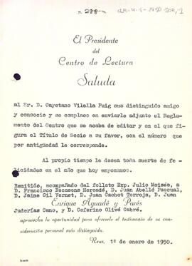 Enviament del títol del soci a Cayetano Vilella Puig