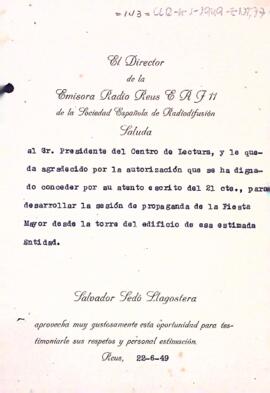 Carta d'agraïment del director de Ràdio Reus al president per haver autoritzat l'emissió d'una sessió des de la torre de l'entitat