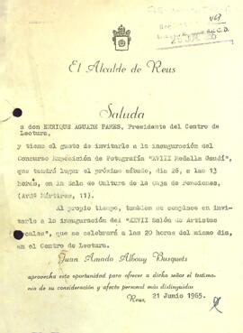 Invitació de l'alcalde de Reus al president del Centre de Lectura