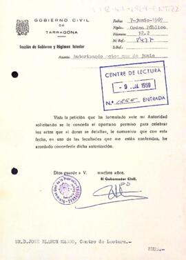 Carta del governador civil al president del Centre de Lectura
