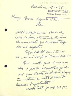 Carta de Salvador Perarnau al president del Centre de Lectura