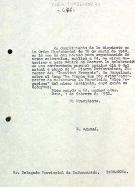 Carta d'Enric Aguadé Parés al Delegat provincial d'Informació de Tarragona