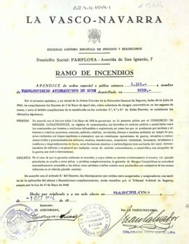Suplement de la Pòlissa d'assegurança amb La Vasco-Navarra Sociedad Anónima Española de Seguros y Reaseguros