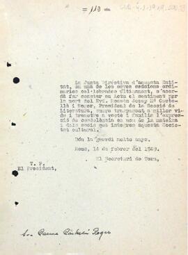 Carta de condolença per la mort de Josep M. Castellà-Roger, president de la Secció de Literatura