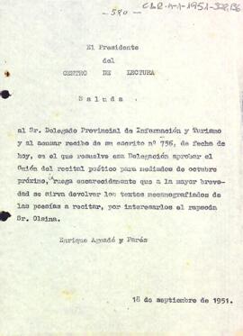 Carta del president al delegat provincial d'Informació i Turisme sol·licitant el retorn dels textos necessaris per al recital poètic
