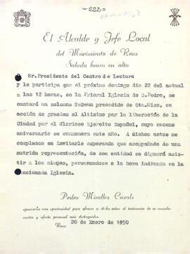 Invitació de l'alcalde als actes de celebració de la Falange Espanyola