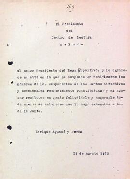 Carta del Centre de Lectura al president del Reus Deportiu
