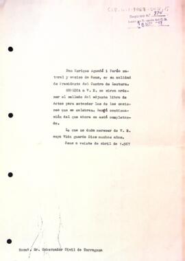 Carta del president al governador civil de la província de Tarragona