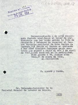 Carta del president al delegat-inspector de la Societat General d'Autors d'Espanya
