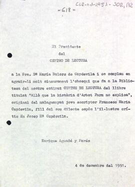 Carta d'agraïment del president a Maria Dolors Pujol de Capdevila pel donatiu d'un llibre