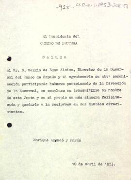 Carta del president al director de la sucursal del Banc d'Espanya