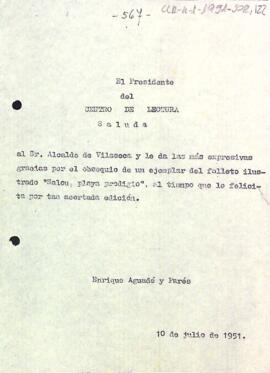 Carta d'agraïment del president a l'alcalde de Vila-seca pel donatiu d'un fulletó