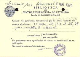 Carta de la Biblioteca del Centre Excursionista de Catalunya