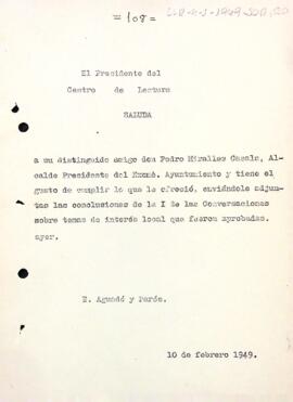 Comunicació del president a l'alcalde de Reus informant de les conclusions aprovades de la primera conversa que s'ha celebrat sobre temes d'interès local