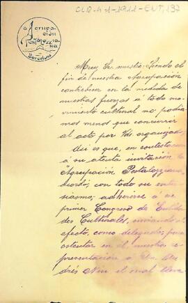 Carta de L'Agrupación Civil Pestalozziana de Barcelona confirmant l'adhesió al congrés