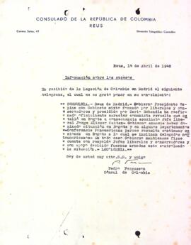 Carta del Consulat de la República de Colòmbia a Reus