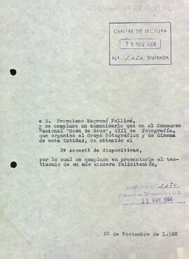 Carta a Francisco Magrané Pallicé comunicant el resultat del Concurs Nacional Rosa de Reus, XIII de Fotografia