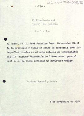 Carta del president al governador civil de la província de Tarragona obsequiant-lo amb fotografies de la inauguració del XII Concurs Exposició de Crisantems