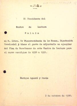 Enviament del pla d'ensenyament del curs 1950/51 al vicepresident de la Diputació Provincial de Tarragona