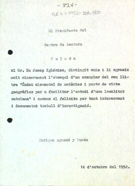 Carta d'agraïment a Josep Iglésies