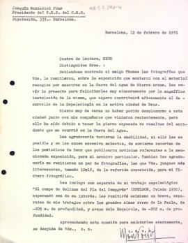 Carta de Joaquim Montoriol Pous a la Secció Excursionista