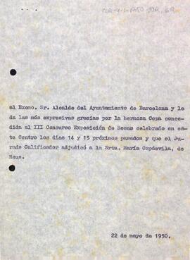 Agraïment per la concessió d'una copa per al III Concurs-Exposició de Roses
