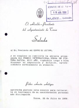 Carta de l'alcade de Tossa de Marta al president del Centre de Lectura