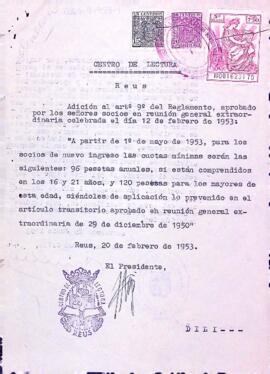 Addició al reglament del Centre de Lectura