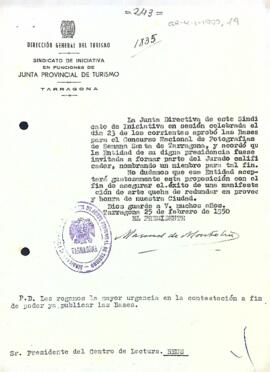 Invitació a formar part del jurat del concurs de fotografia organitzat pel Sindicato de Iniciativa en funciones de Junta Provincial de Turismo