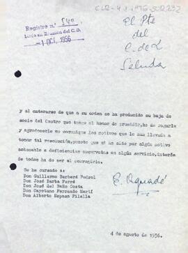Carta del president del Centre de Lectura demanant els motius pels quals han sol·licitat la baixa com a socis