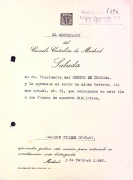 Carta del Círculo Catalán de Madrid
