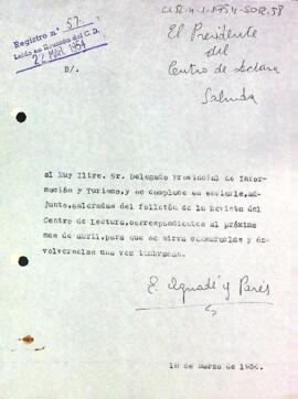 Carta del president al delegat provincial d'informació i turisme de Tarragona