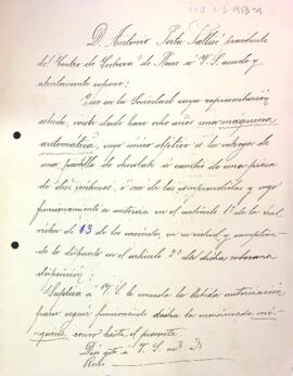 Carta del president Antoni Pallisé sol·licitant una màquina automàtica expenedora de xocolata