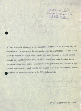 Carta del president del Centre de Lectura a Agustín Álvalrez