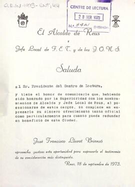 Carta del nou alcalde de Reus al president del Centre de Lectura