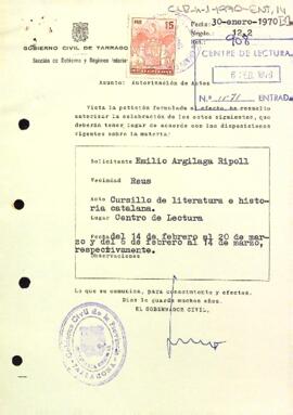 Carta de la delegació del govern al president autoritzant un curset de literatura i història catalana