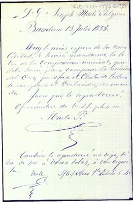 Carta de Marta Pi a Josep Martí Folguera demanant que li enviï la composició musical que servirà per compondre la música del cor del Certamen que oferirà el Centre de Lectura